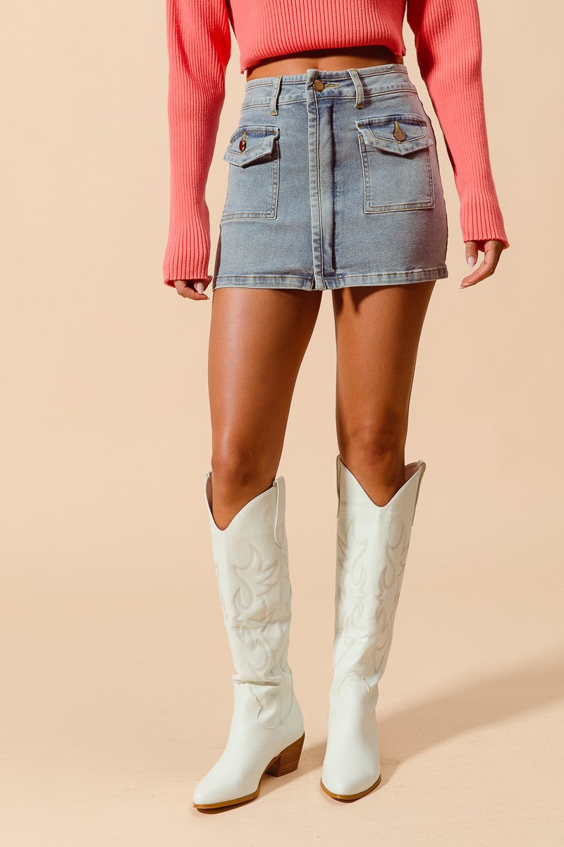 Denim Front Pocket Zipper Mini Skirt