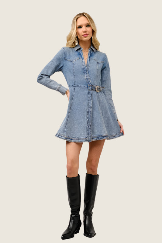 Denim Belted Long Sleeve Mini Dress S Denim Belted Long Sleeve Mini Dress S