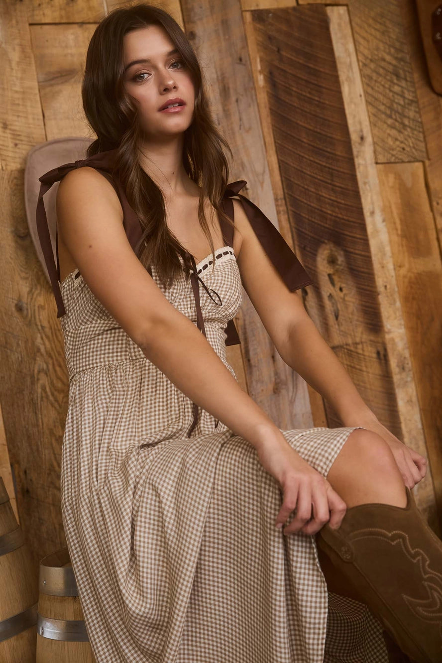 Gingham Ribbon Corset Midi Dress