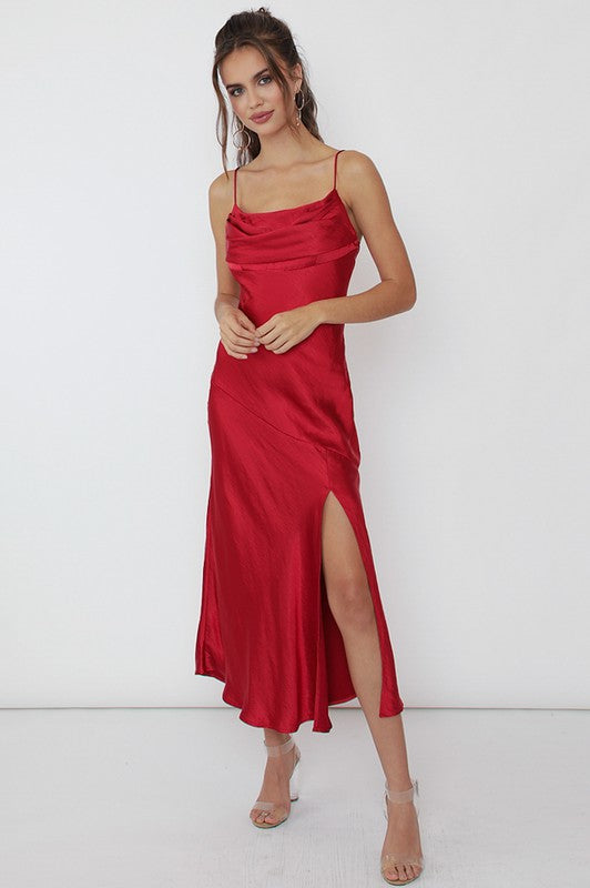 Satin Side Slit Midi Dress (shipping only)