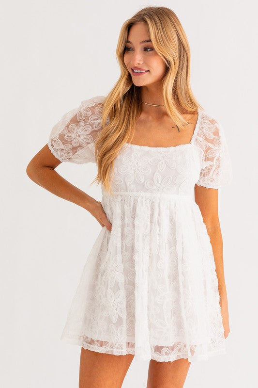 Flower White Puff Sleeve Dress (Shipping Only)