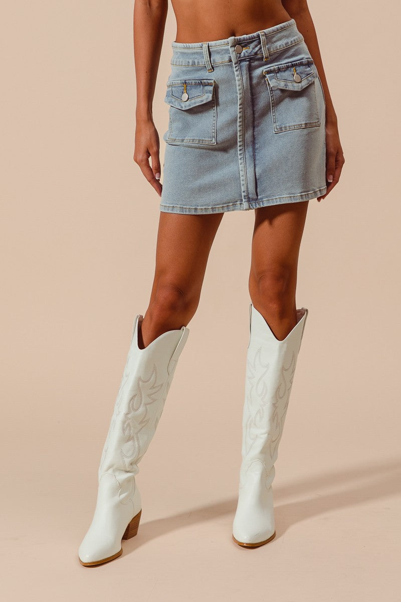 Denim Front Pocket Zipper Mini Skirt