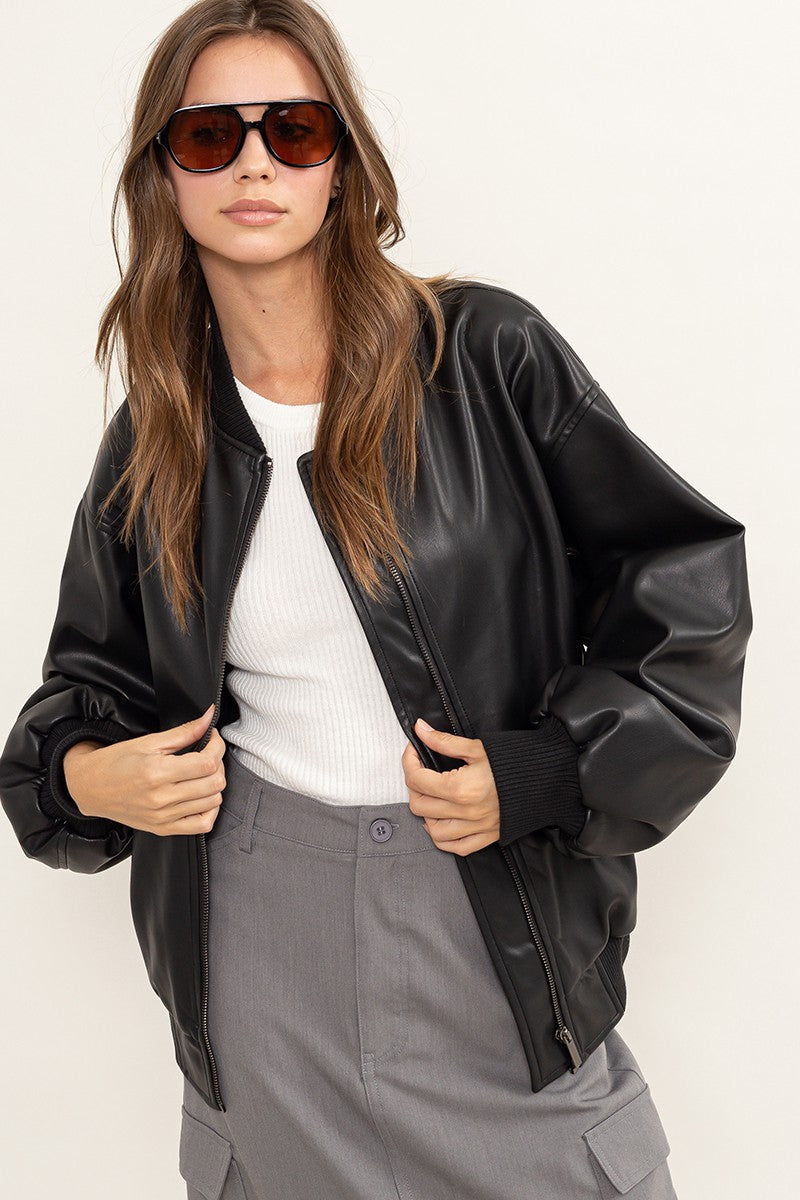 Faux Leather Oversize Bomber Jacket