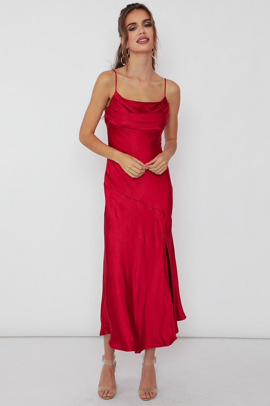 Satin Side Slit Midi Dress (shipping only)