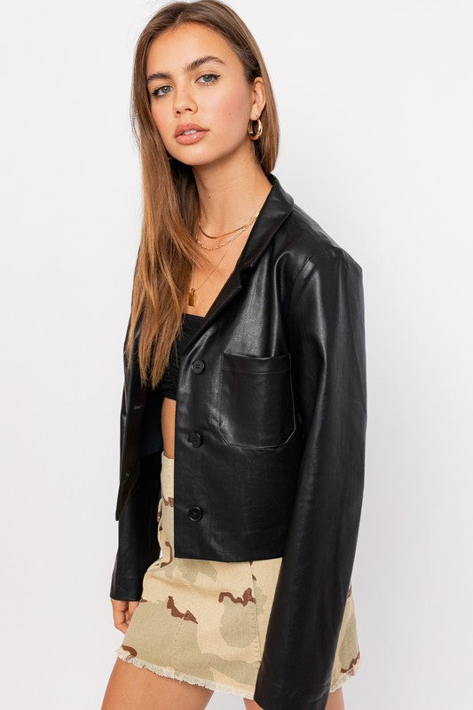 Black Leather Crop Jacket,Tops,CROPPED, Faux Leather, JACKET, LEATHER- DEFIANT