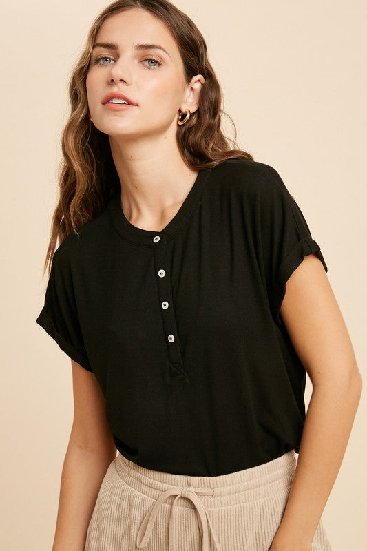 Henley Knit Top,Tops,BASIC, BASICS, Buttons, SHORT SLEEVE, SOLID- DEFIANT