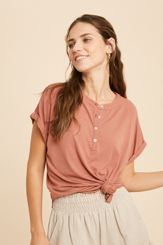 Henley Knit Top,Tops,BASIC, BASICS, Buttons, SHORT SLEEVE, SOLID- DEFIANT