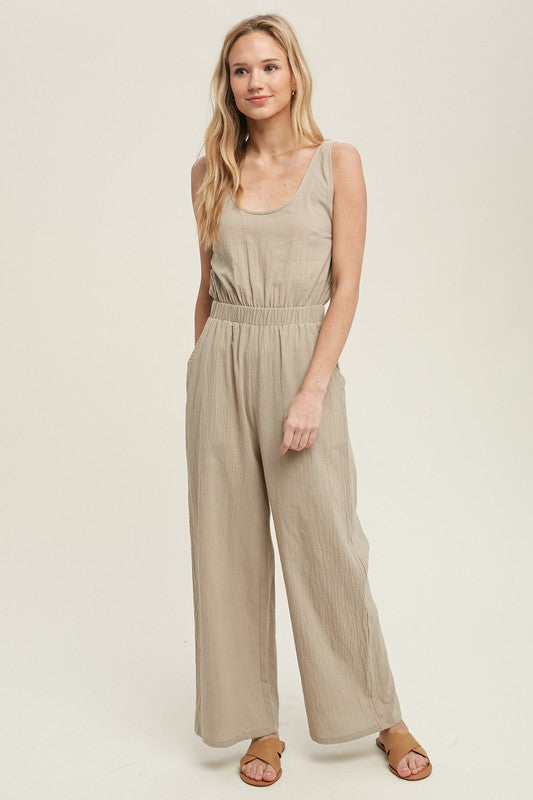 Taupe Woven Jumpsuit,Pants,ELASTIC, JUMPSUIT, LIGHTWEIGHT- DEFIANT