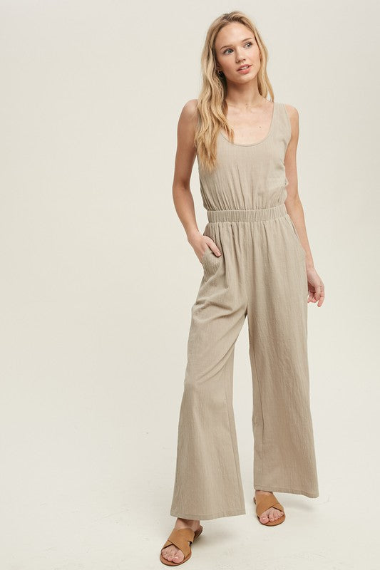 Taupe Woven Jumpsuit,Pants,ELASTIC, JUMPSUIT, LIGHTWEIGHT- DEFIANT