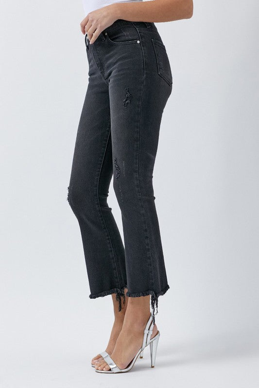 Mid Rise Ankle Flare - Black,Bottoms,BLACK DENIM, DENIM, DISTRESSED, FLARE, MID-RISE- DEFIANT