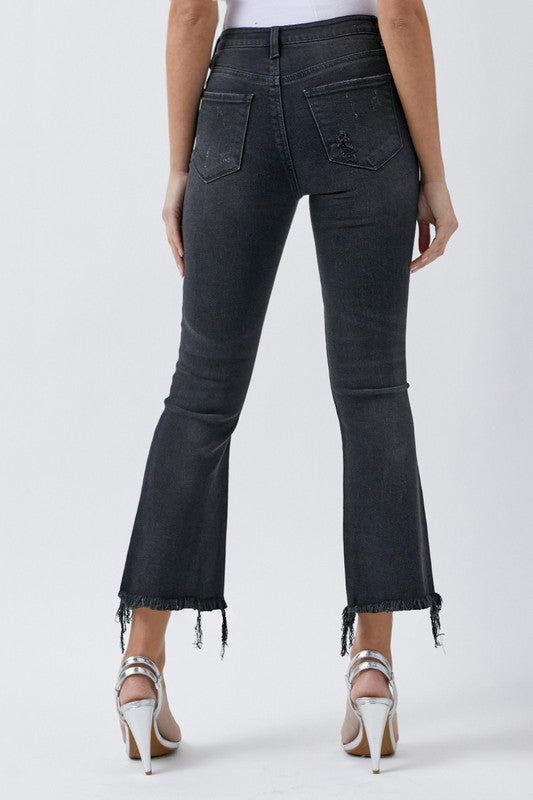 Mid Rise Ankle Flare - Black,Bottoms,BLACK DENIM, DENIM, DISTRESSED, FLARE, MID-RISE- DEFIANT