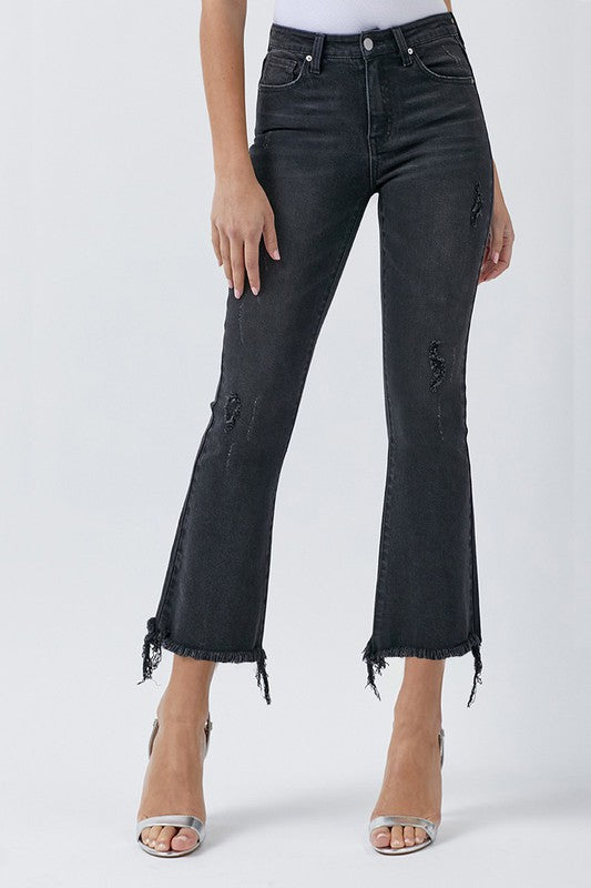 Mid Rise Ankle Flare - Black,Bottoms,BLACK DENIM, DENIM, DISTRESSED, FLARE, MID-RISE- DEFIANT