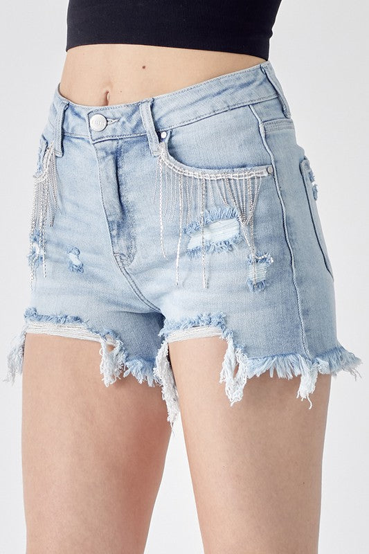Blue High Rise Rhinestone Denim Shorts,Bottoms,DENIM SHORTS, Rhinestone, SHORTS- DEFIANT