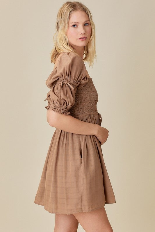 Neutral Brown Pocket Dress,Dresses,CASUAL DRESSES, SMOCKED- DEFIANT
