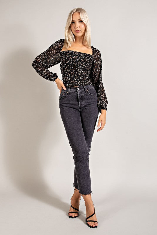 Black Ruched Floral Top (Size Small),Tops,FLORAL, LONG SLEEVE, SMOCKED- DEFIANT