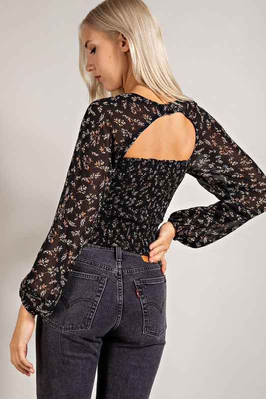 Black Ruched Floral Top (Size Small),Tops,FLORAL, LONG SLEEVE, SMOCKED- DEFIANT