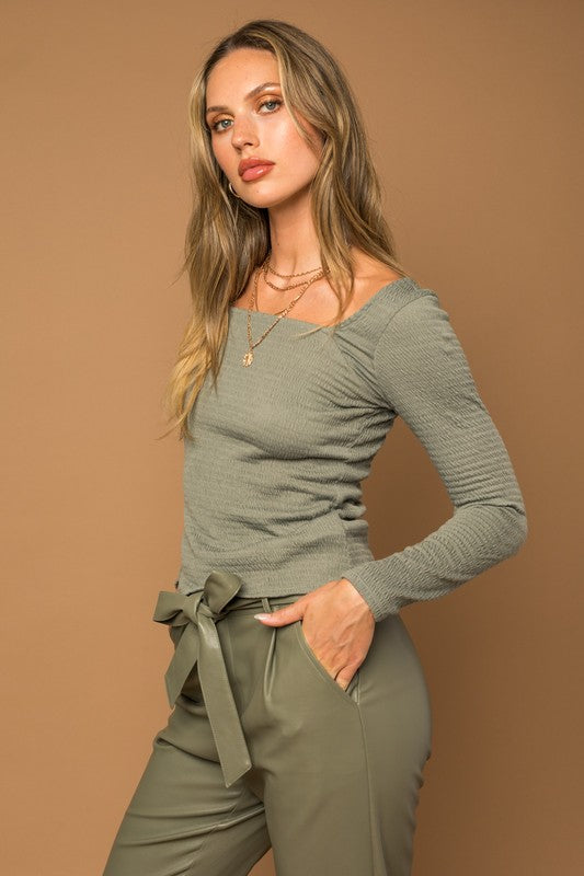 Smocked Square Neck Olive Top,Tops,LONG SLEEVE, SMOCKED, SQUARE NECK- DEFIANT