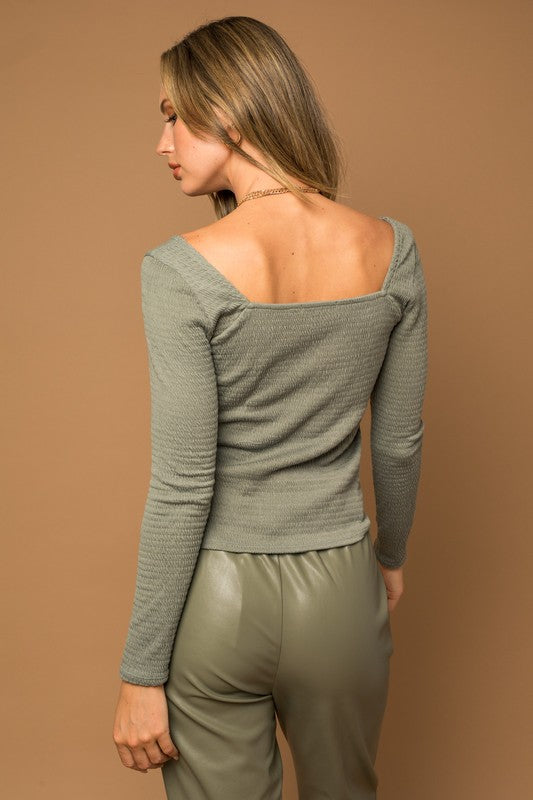 Smocked Square Neck Olive Top,Tops,LONG SLEEVE, SMOCKED, SQUARE NECK- DEFIANT