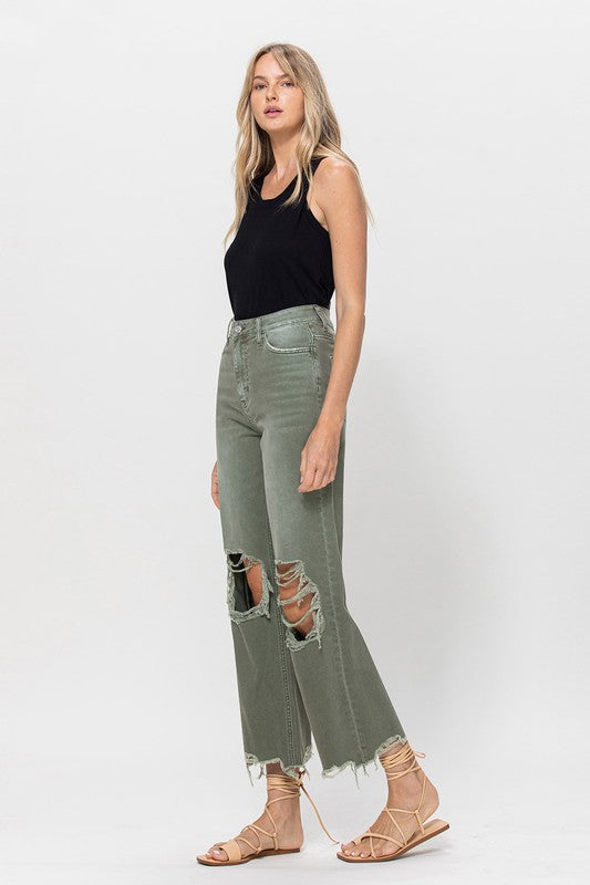 Vintage Cropped Flare Olive Denim,Bottoms,CROPPED, DENIM, DISTRESSED, FLARE, FRAYED, HIGH WAISTED- DEFIANT