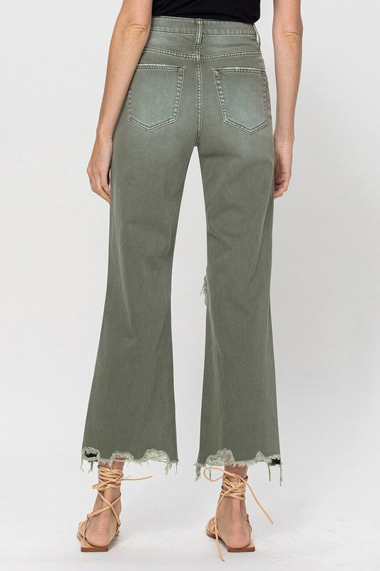 Vintage Cropped Flare Olive Denim,Bottoms,CROPPED, DENIM, DISTRESSED, FLARE, FRAYED, HIGH WAISTED- DEFIANT