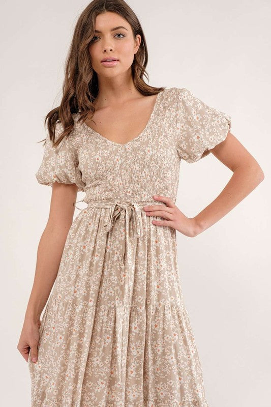 Beige Floral Midi Dress,Dresses,CASUAL DRESSES, FLORAL- DEFIANT