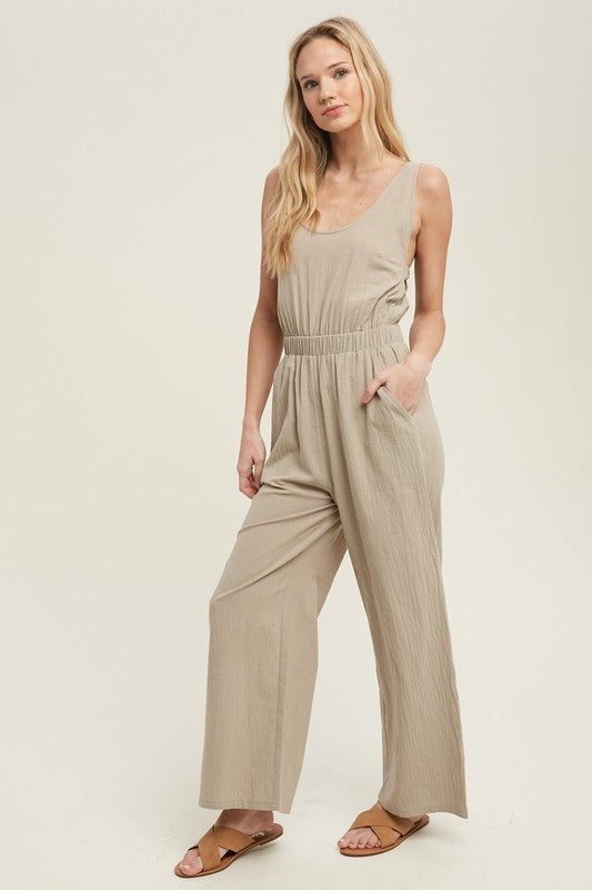 Taupe Woven Jumpsuit,Pants,ELASTIC, JUMPSUIT, LIGHTWEIGHT- DEFIANT