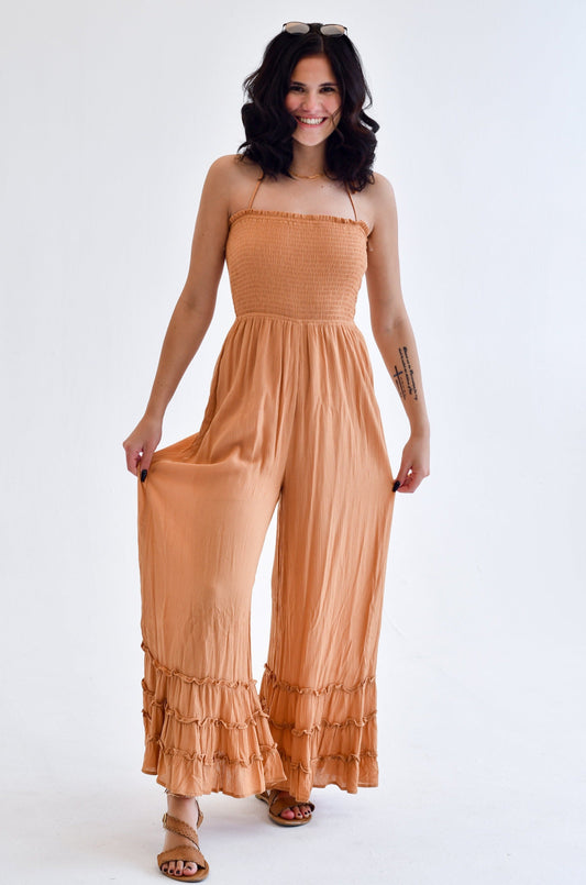 Wide Leg Tiered Ruffle Jumpsuit,Pants,JUMPSUIT, RUFFLE, SMOCKED, TIERED, WIDE LEG- DEFIANT