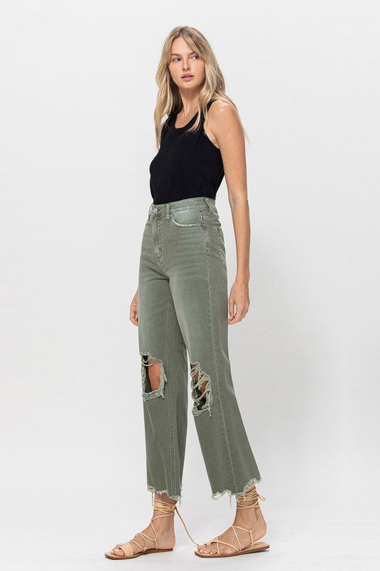 Vintage Cropped Flare Olive Denim,Bottoms,CROPPED, DENIM, DISTRESSED, FLARE, FRAYED, HIGH WAISTED- DEFIANT