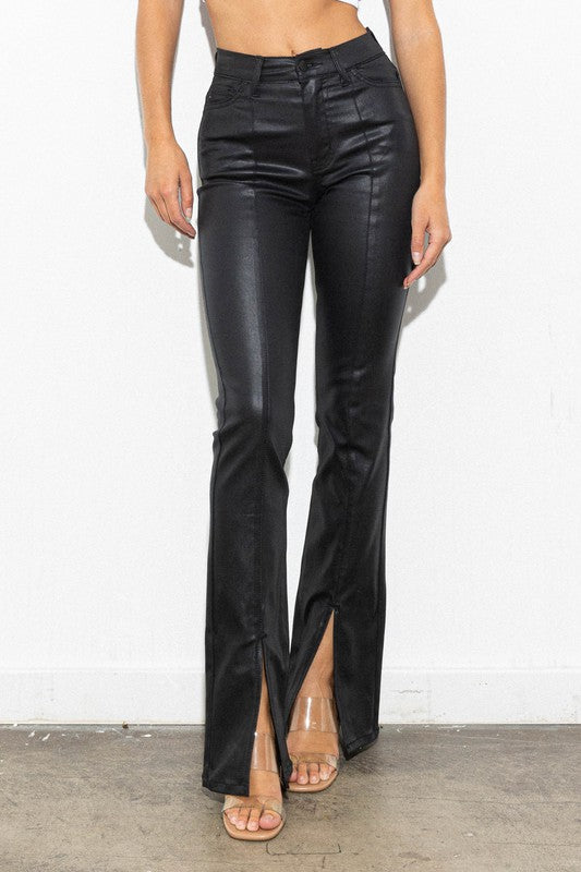 Coated Black Slit Denim Pants,Bottoms,Faux Leather, LEATHER, PANTS- DEFIANT