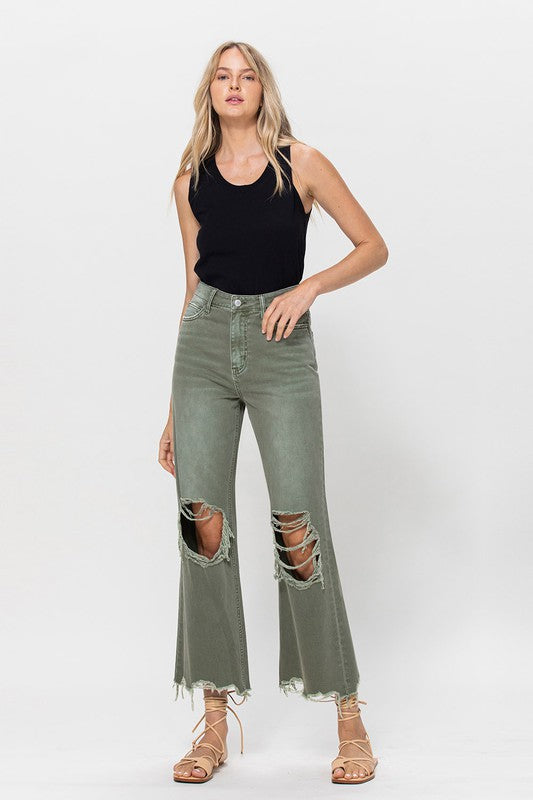 Vintage Cropped Flare Olive Denim,Bottoms,CROPPED, DENIM, DISTRESSED, FLARE, FRAYED, HIGH WAISTED- DEFIANT