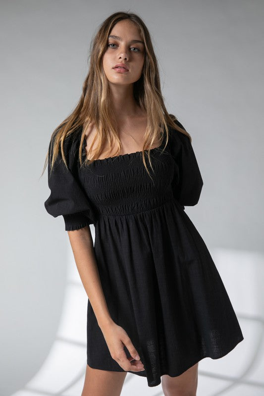 Joanna Black Smocked Dress,Dresses,CASUAL DRESSES, mini dress- DEFIANT