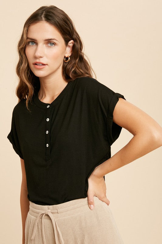 Henley Knit Top,Tops,BASIC, BASICS, Buttons, SHORT SLEEVE, SOLID- DEFIANT