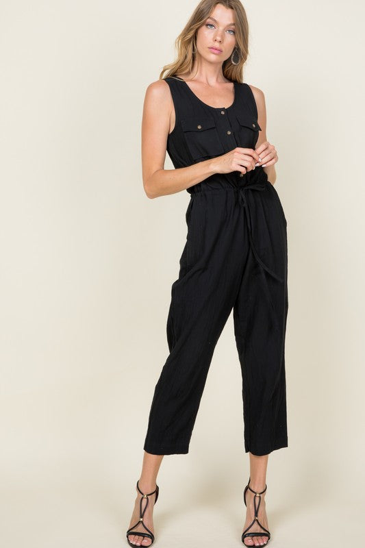 Rae Black Drawstring Jumpsuit,Bottoms,ADJUSTABLE, Buttons, DRAWSTRING, JUMPSUIT- DEFIANT