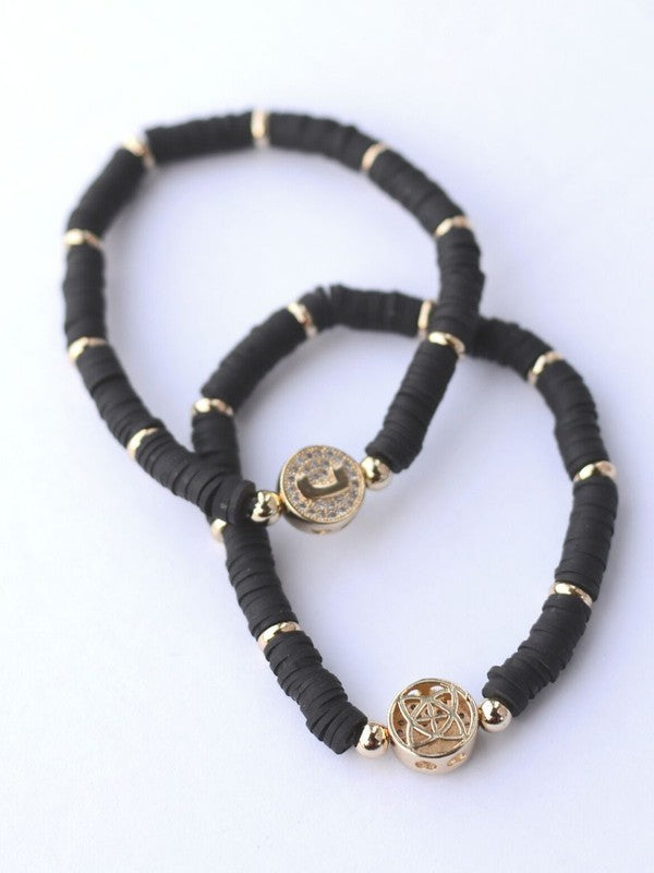 Black Initial Beaded Stretch Bracelet,Bracelets,BEADED, BRACELET, GOLD JEWELRY, STRETCH- DEFIANT