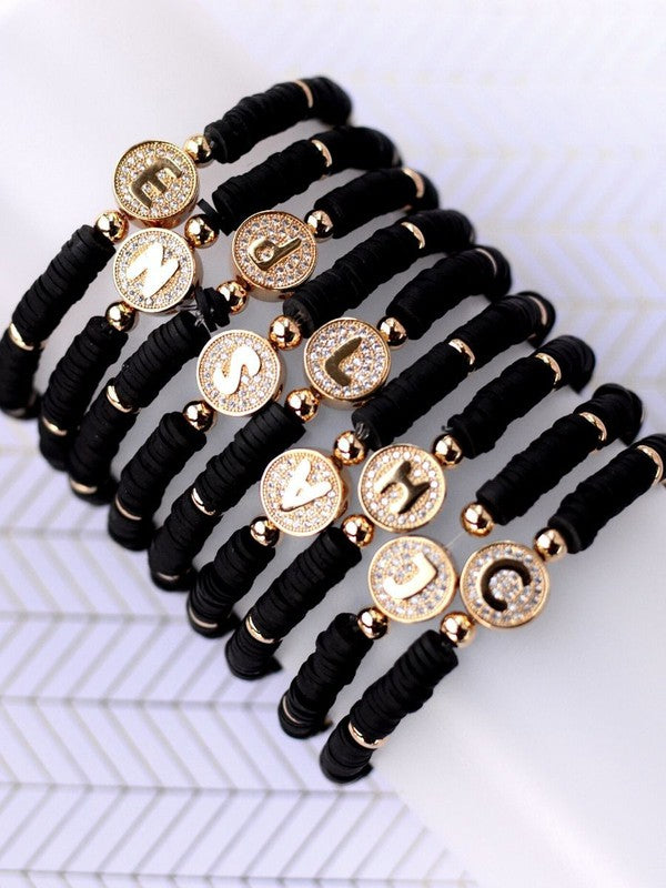 Black Initial Beaded Stretch Bracelet,Bracelets,BEADED, BRACELET, GOLD JEWELRY, STRETCH- DEFIANT