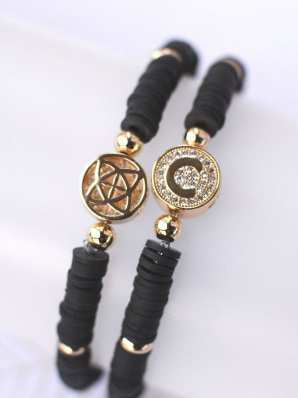 Black Initial Beaded Stretch Bracelet,Bracelets,BEADED, BRACELET, GOLD JEWELRY, STRETCH- DEFIANT