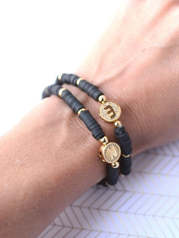 Black Initial Beaded Stretch Bracelet,Bracelets,BEADED, BRACELET, GOLD JEWELRY, STRETCH- DEFIANT