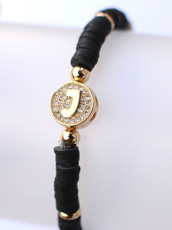 Black Initial Beaded Stretch Bracelet,Bracelets,BEADED, BRACELET, GOLD JEWELRY, STRETCH- DEFIANT