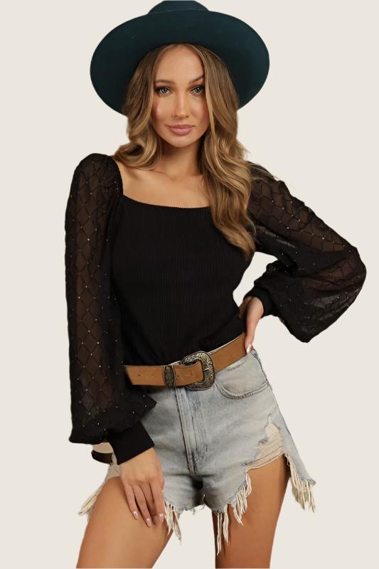 Sheer Sleeve Ribbed Black Top,Tops,Jan23- DEFIANT