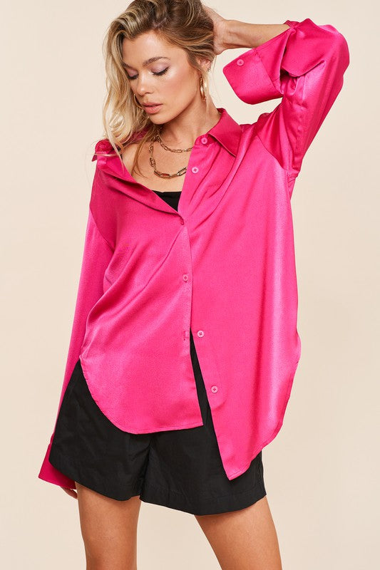 Bright Pink Satin Long Sleeve Oversized Shirt