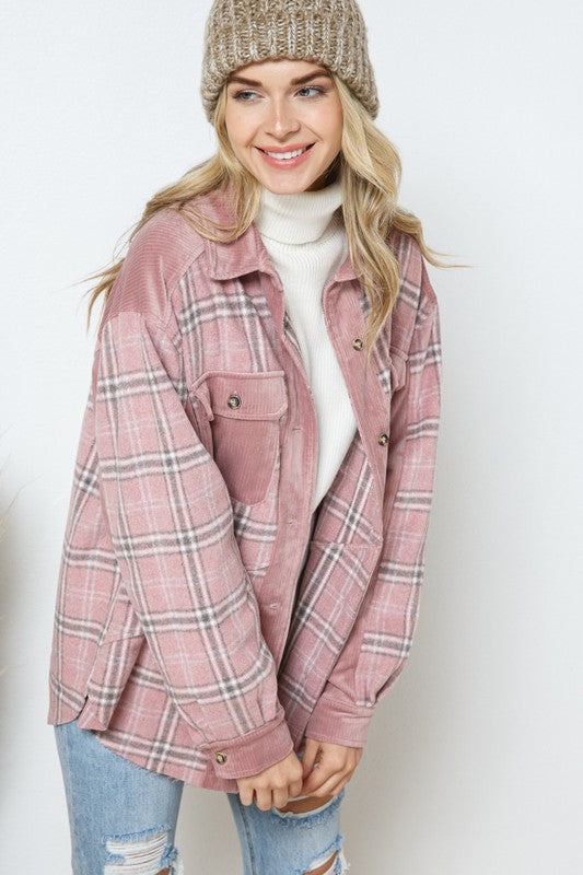 Velvet Corduroy Pink Plaid Shacket,Shirts & Tops,BUTTON DOWN, CORDUROY, PLAID, SHACKET, VELVET- DEFIANT