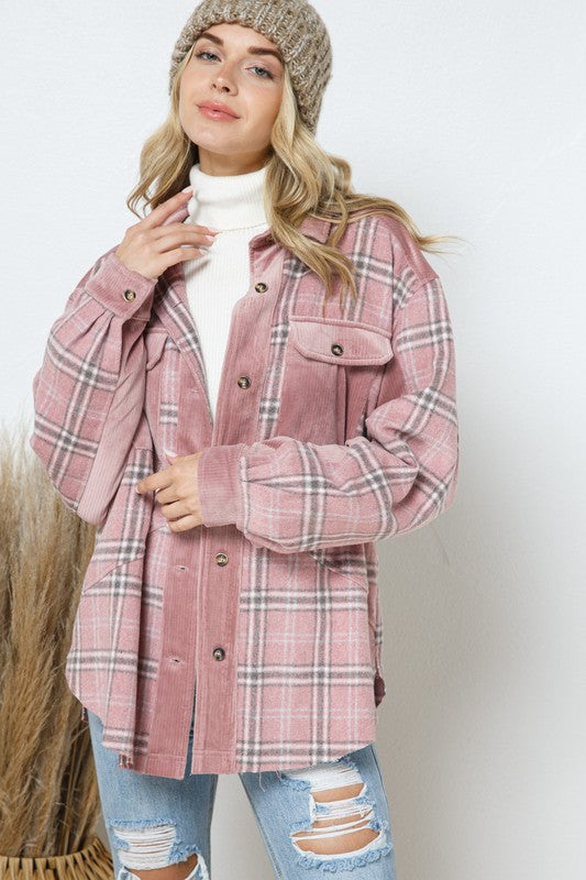 Velvet Corduroy Pink Plaid Shacket,Shirts & Tops,BUTTON DOWN, CORDUROY, PLAID, SHACKET, VELVET- DEFIANT