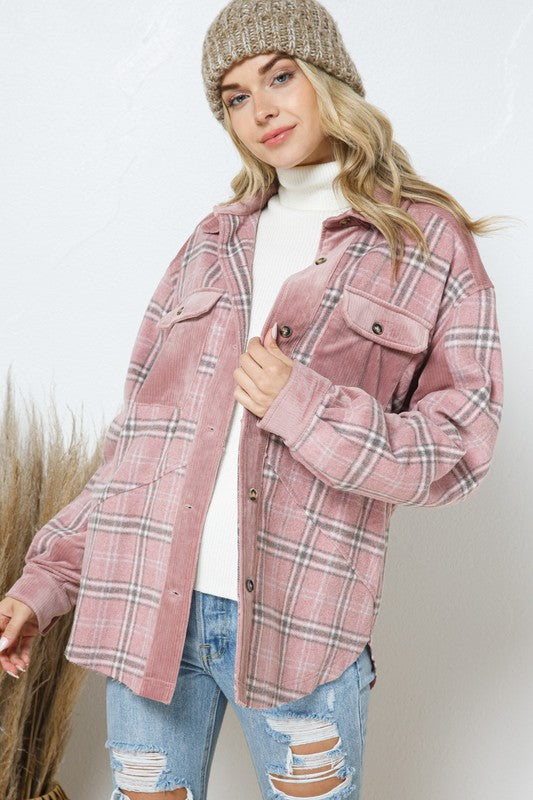 Velvet Corduroy Pink Plaid Shacket,Shirts & Tops,BUTTON DOWN, CORDUROY, PLAID, SHACKET, VELVET- DEFIANT