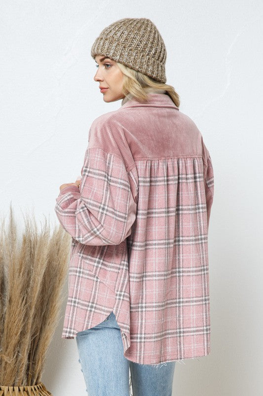 Velvet Corduroy Pink Plaid Shacket,Shirts & Tops,BUTTON DOWN, CORDUROY, PLAID, SHACKET, VELVET- DEFIANT