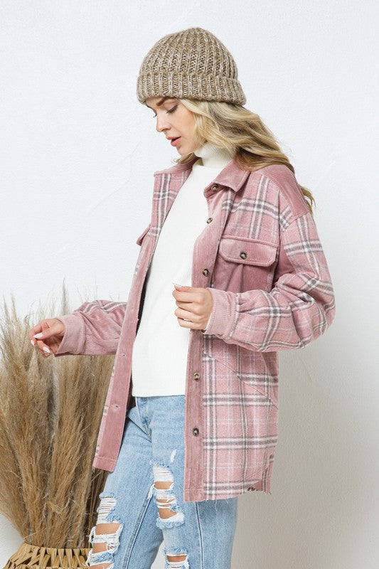 Velvet Corduroy Pink Plaid Shacket,Shirts & Tops,BUTTON DOWN, CORDUROY, PLAID, SHACKET, VELVET- DEFIANT