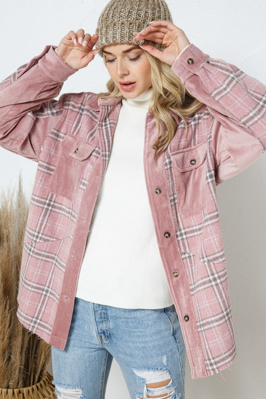 Velvet Corduroy Pink Plaid Shacket,Shirts & Tops,BUTTON DOWN, CORDUROY, PLAID, SHACKET, VELVET- DEFIANT