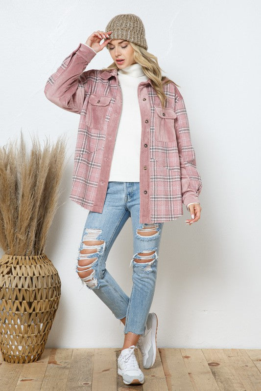 Velvet Corduroy Pink Plaid Shacket,Shirts & Tops,BUTTON DOWN, CORDUROY, PLAID, SHACKET, VELVET- DEFIANT