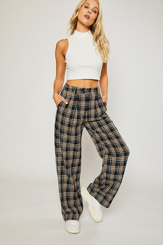 Plaid Wide Leg Pants,Bottoms,PANTS, PLAID, SOFT PANTS, Trousers, WIDE LEG- DEFIANT