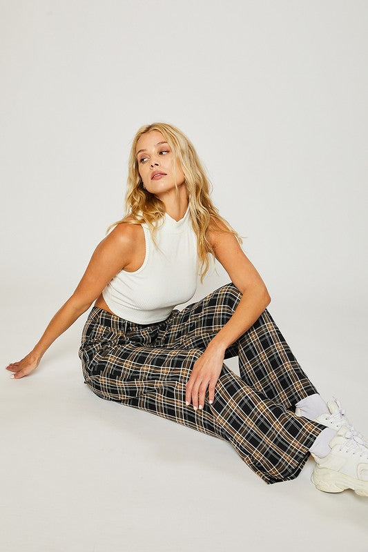 Plaid Wide Leg Pants,Bottoms,PANTS, PLAID, SOFT PANTS, Trousers, WIDE LEG- DEFIANT