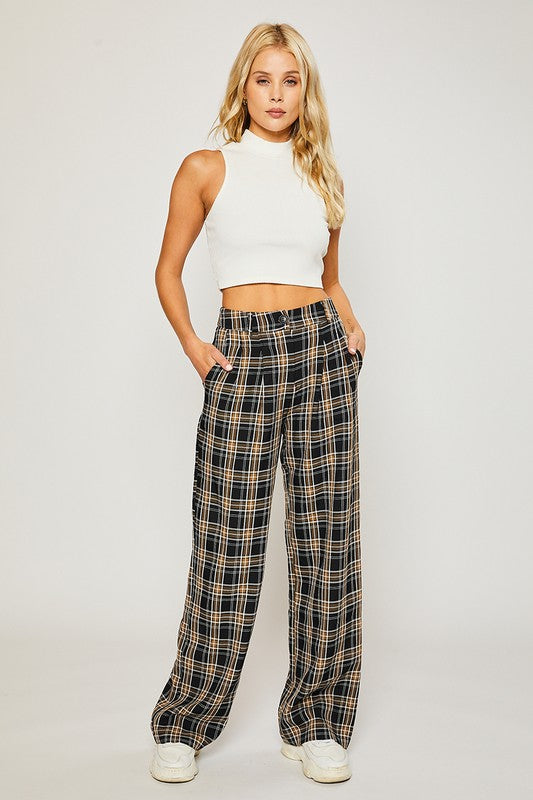 Plaid Wide Leg Pants,Bottoms,PANTS, PLAID, SOFT PANTS, Trousers, WIDE LEG- DEFIANT